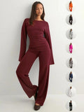 Women'S New Fall round Neck Flare Sleeve Top & Elastic Waist Straight Leg Pants Set, Casual Fashion for Daily Wear