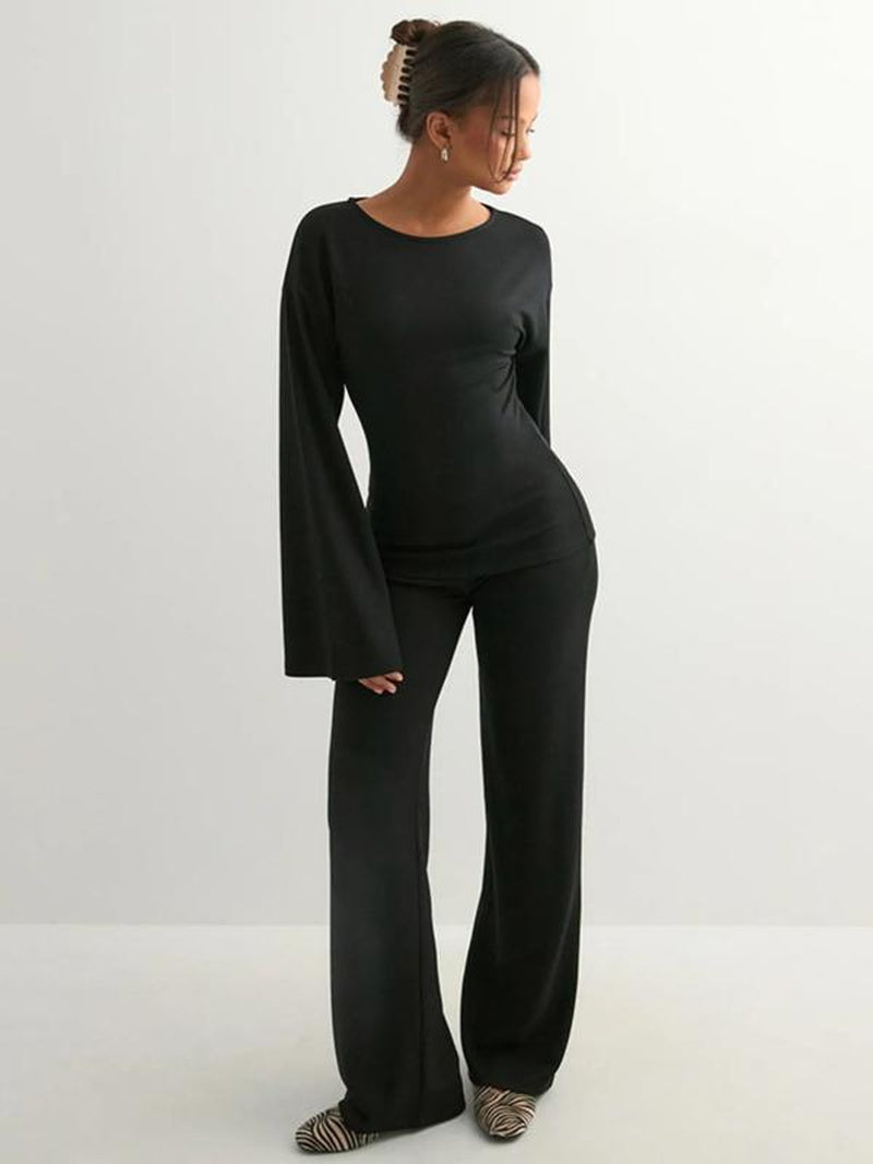 Women'S New Fall round Neck Flare Sleeve Top & Elastic Waist Straight Leg Pants Set, Casual Fashion for Daily Wear