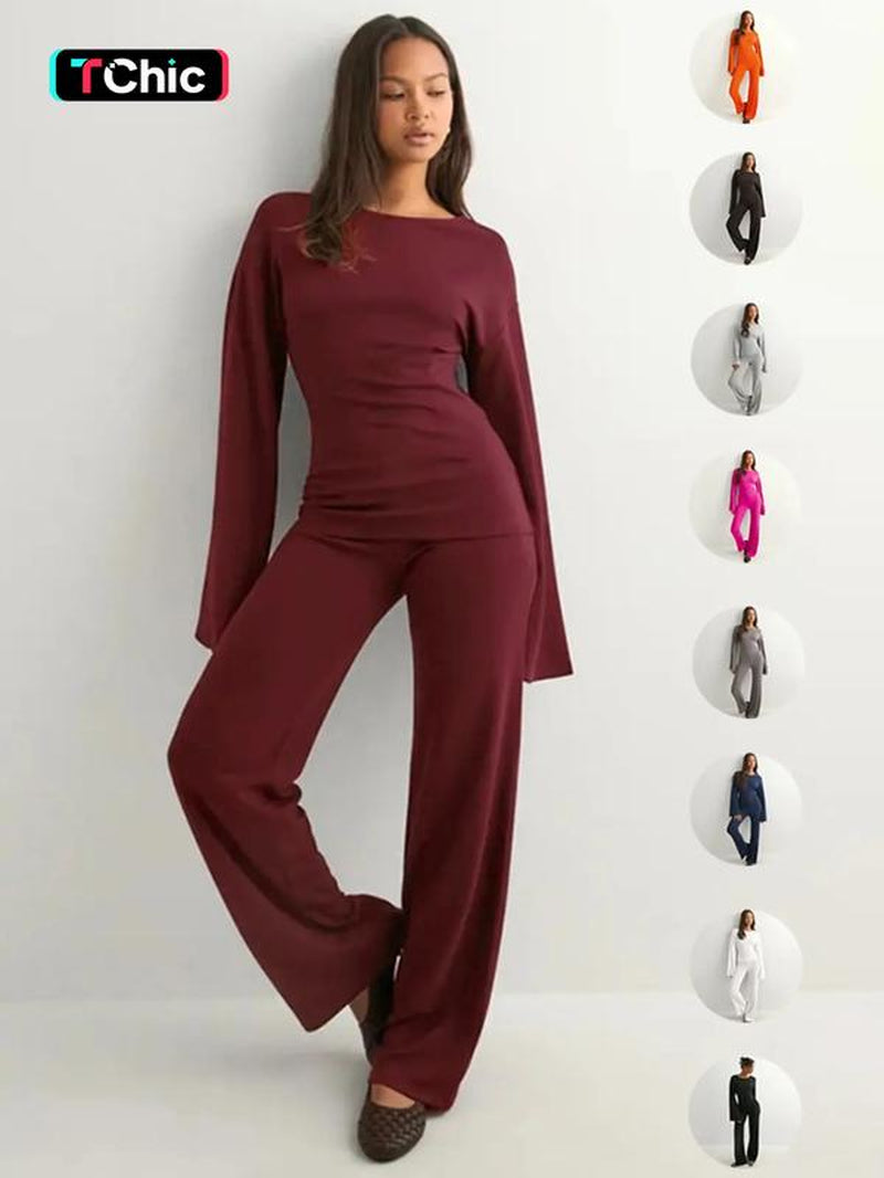 Women'S New Fall round Neck Flare Sleeve Top & Elastic Waist Straight Leg Pants Set, Casual Fashion for Daily Wear