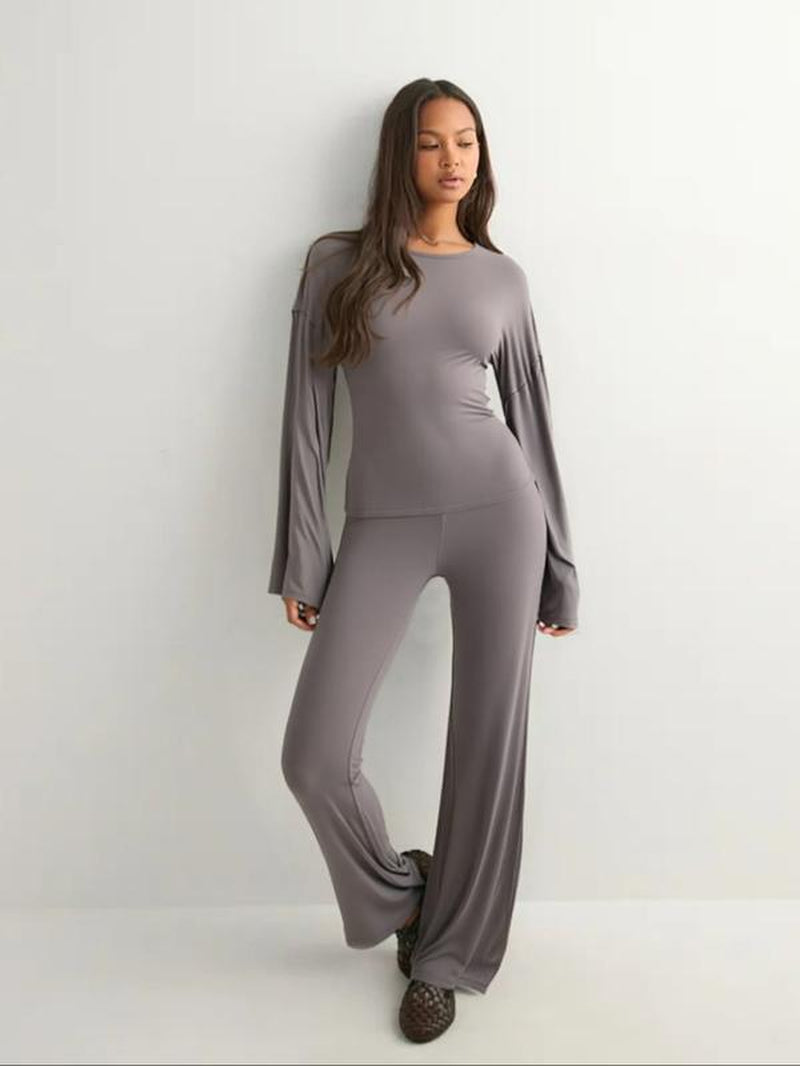 Women'S New Fall round Neck Flare Sleeve Top & Elastic Waist Straight Leg Pants Set, Casual Fashion for Daily Wear