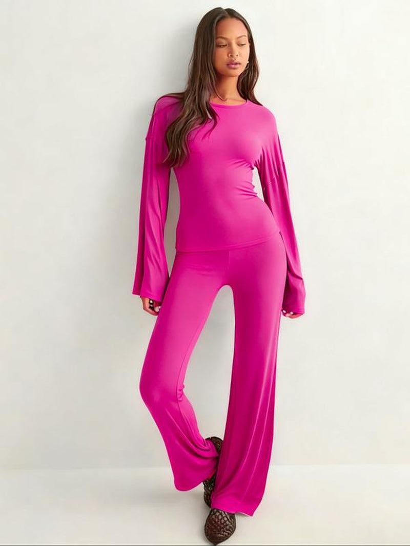 Women'S New Fall round Neck Flare Sleeve Top & Elastic Waist Straight Leg Pants Set, Casual Fashion for Daily Wear